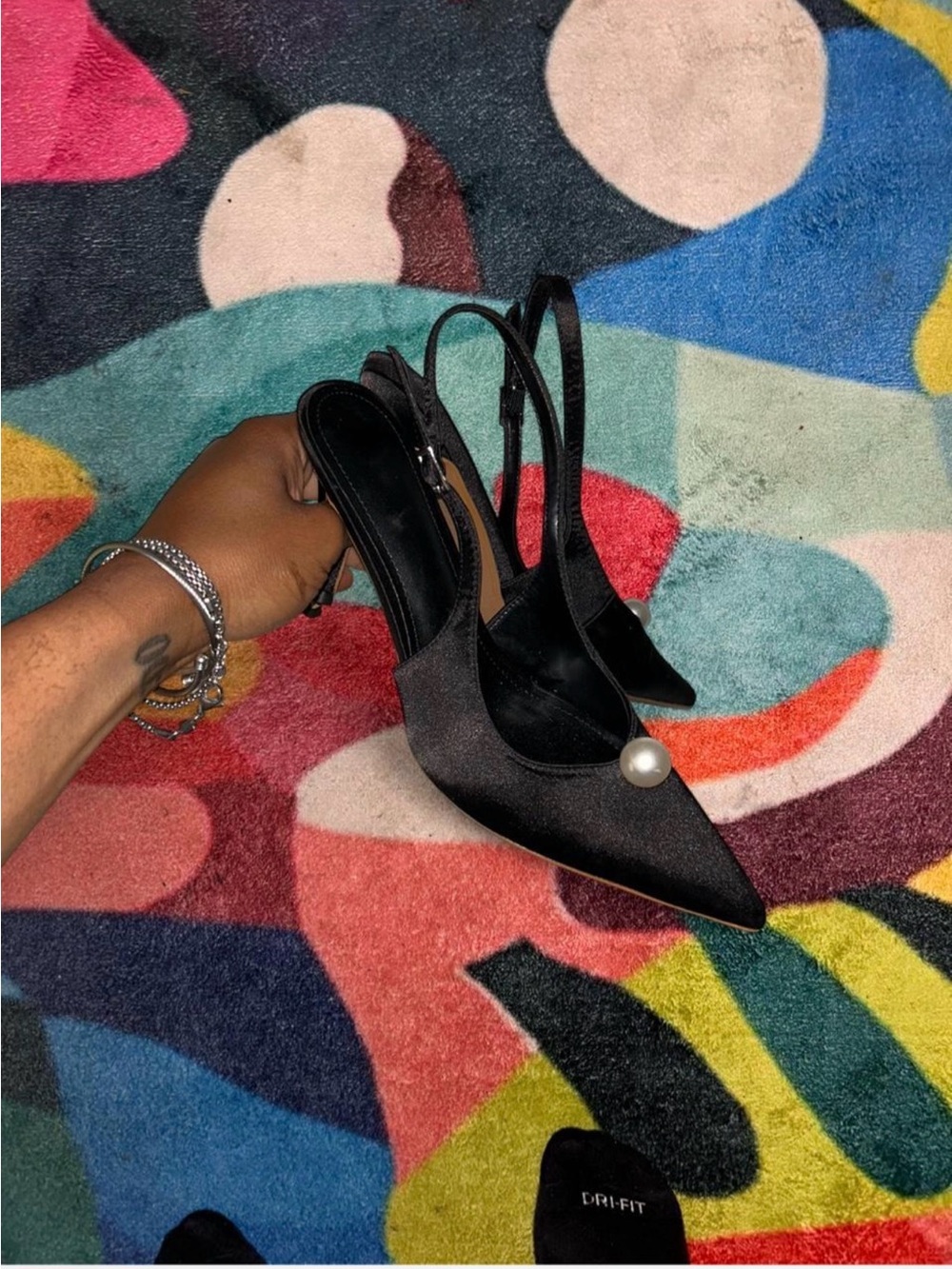 Black Slingback Pointed-Toe Heels with Pearl Accent